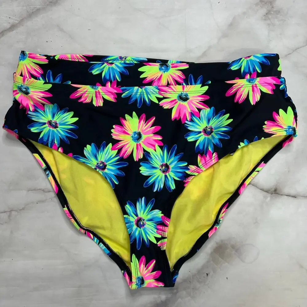 California Waves Gerber Daisy High Wasit Banded Bikini Bottoms Plus Sz 1 (16/18)